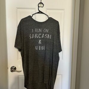 SARCASM AND WINE LuLaRoe 3x Charcoal Graphic Tee with glitter letters.
